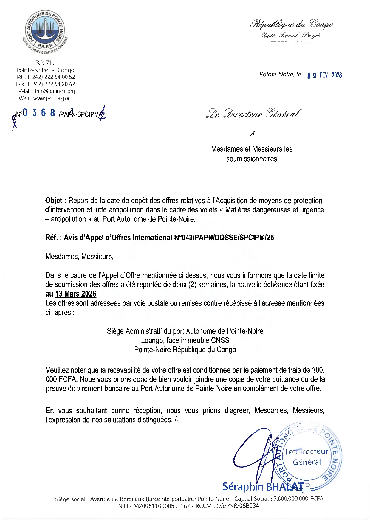 Congo – Report de la date de dépôt des offres relatives à l’Acquisition de moyens de protection, d’intervention et lutte antipollution dans le cadre des volets « Matières dangereuses et urgence – antipollution » au Port Autonome de Pointe-Noire
